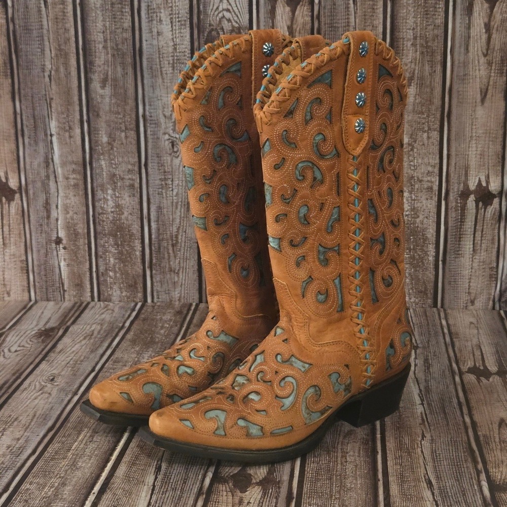 Sz 6 B Womens JB Dillon Tan Turquoise Filigree Cutout Western Boots Excellent